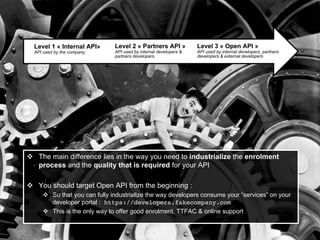 30	

v  The main difference lies in the way you need to industrialize the enrolment
process and the quality that is required for your API
v  You should target Open API from the beginning :
v  So that you can fully industrialize the way developers consume your “services” on your
developer portal : https://developers.fakecompany.com!
v  This is the only way to offer good enrolment, TTFAC & online support
Level 1 « Internal API»
API used by the company
Level 2 « Partners API »
API used by internal developers &
partners developers
Level 3 « Open API »
API used by internal developers, partners
developers & external developers
 