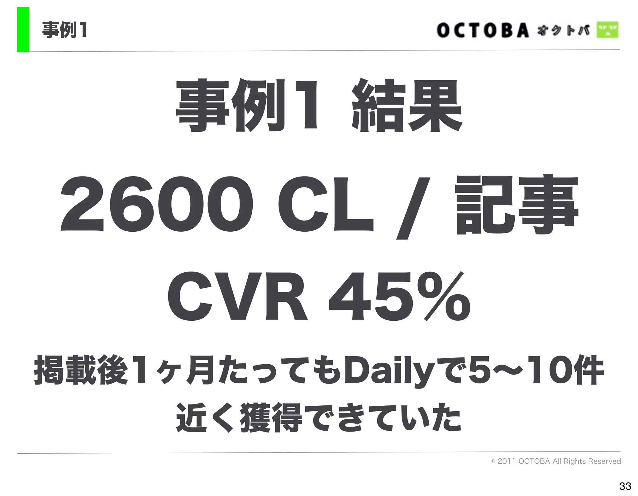 事例1




      事例1 結果
2600 CL / 記事
      CVR 45%
掲載後1ヶ月たってもDailyで5∼10件
     近く獲得できていた
                © 2011 OCTOBA All Rights Reserved


                                                33
 