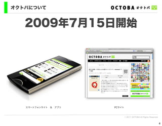 オクトバについて


   2009年7月15日開始




   スマートフォンサイト ＆ アプリ   PCサイト



                              © 2011 OCTOBA All Rights Reserved


                                                                  4
 