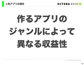 人気アプリの傾向




  作るアプリの
 ジャンルによって
  異なる収益性
           © 2011 OCTOBA All Rights Reserved


                                           43
 