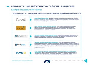 LE BIG DATA : UNE PRÉOCCUPATION CLÉ POUR LES BANQUES
Exemple: Incubateur BNP Paribas
OCTO TECHNOLOGY > THERE IS A BETTER WAY 22
Amalﬁ et BNP Paribas Cardif : Amalﬁ est le premier courtier d'assurance peer-to-peer en France.
La start-up permet à ses clients de réduire le coût de leur assurance grâce à l'analyse des données
comportementales et à la gestion de communautés.
Fortia, avec BNP Paribas Securities Services : Fortia Financial Solutions est une RegTech
française qui apporte des technologies de rupture aux pratiques règlementaires. Basé sur
l'intelligence artiﬁcielle, le machine learning et l'intelligence collaborative, les solutions Fortia
impactent fortement la gestion de la conformité.
Heuritech, avec BNP Paribas Personal Finance : Heuritech développe pour les entreprises, une
plateforme d’Intelligence Artiﬁcielle simple d’utilisation, qui transforme automatiquement tous les
contenus (textes et images multilingues) en information exploitable.
KYC3 (Know Your Customer, Counterparty and Competition), avec BNP Paribas Wealth
Management : Le KYC dans plusieurs dimensions : maîtriser les risques réglementaires et de
réputation dans toute l'entreprise. Du business development à la conformité : obtenir, grâce au
machine learning, des informations exploitables à partir de données non structurées.
Twinpeek, avec BNP Paribas Wealth Management : TwinPeek est la première solution de
Protection & Monétisation de Données Personnelles qui permet à chacun de prendre le contrôle de
ses données en ligne et de partager uniquement l'information qu'il souhaite de manière anonyme et
en toute sécurité via un Alter Ego numérique, ou 'Twin', lors de transactions, d’interactions ou de
navigation sur Internet.
de
antes
anne,
à la
5 STARTUPS SUR 8 DE LA PROMOTION FINTECH DE L’INCUBATEUR BNP PARIBAS TRAITENT DE LA DATA
 