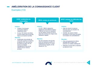AMÉLIORATION DE LA CONNAISSANCE CLIENT
Exemples (1/2)
OCTO TECHNOLOGY > THERE IS A BETTER WAY 28
Initiative:
¤  Aider les clients à ne pas se
retrouver dans une situation de
surendettement
¤  Identiﬁer des signaux faibles
permettant 6 mois avant de prédire
une situation de surendettement
Résultats :
¤  Avec une quinzaine de critères
identiﬁés BPCE atteint une
précision du modèle à 80Objectifs
¤  Atteindre à minima 85% et étendre
au-delà de 6 mois
Initiative:
En 2011, BBVA a déployé la
plateforme Social Media Analytics
d’IBM aﬁn de suivre sa réputation
sur les réseaux sociaux et mis en
place des process pour réagir à des
feedbacks négatifs.
Résultats:
Sur les 6 premiers mois de test
pilote les feedbacks positifs ont
augmenté de plus de 1% et les
commentaires négatifs ont été
réduits de 1,5%.
BBVA: analyse de sentiments
BPCE: anticiper les difficultés des
clients
Initiative:
¤  Création d’une équipe
d’analystes dédiée à
l’expérience client
¤  En tout 100 millions de dollars
ont été investis dans le big data
depuis une dizaine d’années
Résultats:
¤  Amélioration des activités de
cross-sell up-sell qui ont permis
de générer 30% des revenus
de cartes de crédit, 25% de
revenus en Wealth
management et plus de 85
millions de $ en revenus
annexes
OCBC: amélioration du
cross-selling
 