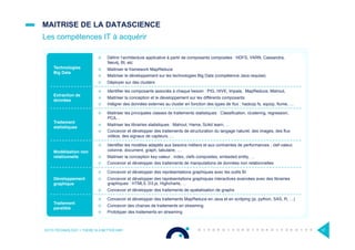Technologies
Big Data
¤  Déﬁnir l’architecture applicative à partir de composants composites : HDFS, YARN, Cassandra,
Neo4j, BI, etc
¤  Maitriser le framework MapReduce
¤  Maitriser le développement sur les technologies Big Data (compétence Java requise)
¤  Déployer sur des clusters
Extraction de
données
¤  Identiﬁer les composants associés à chaque besoin : PIG, HIVE, Impala, MapReduce, Mahout,
¤  Maitriser la conception et le développement sur les différents composants
¤  Intégrer des données externes au cluster en fonction des types de ﬂux : hadoop fs, sqoop, ﬂume, …
Traitement
statistiques
¤  Maitriser les principales classes de traitements statistiques : Classification, clustering, regression,
PCA…
¤  Maitriser les librairies statistiques : Mahout, Hama, Scikit learn, …
¤  Concevoir et développer des traitements de structuration du langage naturel, des images, des flux
vidéos, des signaux de capteurs, …
Modélisation non
relationnelle
¤  Identifier les modèles adaptés aux besoins métiers et aux contraintes de performances : clef-valeur,
colonne, document, graph, tabulaire, …
¤  Maitriser la conception key-valeur : index, clefs composites, embeded entity, …
¤  Concevoir et développer des traitements de manipulations de données non relationnelles
Développement
graphique
¤  Concevoir et développer des représentations graphiques avec les outils BI
¤  Concevoir et développer des représentations graphiques interactives avancées avec des librairies
graphiques : HTML5, D3.js, Highcharts, …
¤  Concevoir et développer des traitements de spatialisation de graphs
Traitement
parallèle
¤  Concevoir et développer des traitements MapReduce en Java et en scritping (js, python, SAS, R, …)
¤  Concevoir des chaines de traitements en streaming
¤  Prototyper des traitements en streaming
MAITRISE DE LA DATASCIENCE
Les compétences IT à acquérir
OCTO TECHNOLOGY > THERE IS A BETTER WAY 37
 