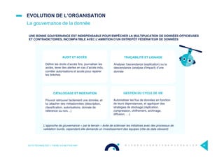 EVOLUTION DE L’ORGANISATION
La gouvernance de la donnée
OCTO TECHNOLOGY > THERE IS A BETTER WAY 38
L’approche de gouvernance « par le terrain » évite de scléroser les initiatives avec des processus de
validation lourds, cependant elle demande un investissement des équipes (rôle de data steward)
UNE BONNE GOUVERNANCE EST INDISPENSABLE POUR EMPÊCHER LA MULTIPLICATION DE DONNÉES OFFICIEUSES
ET CONTRADICTOIRES, INCOMPATIBLE AVEC L’AMBITION D’UN ENTREPÔT FÉDÉRATEUR DE DONNÉES
AUDIT ET ACCÈS
Déﬁnir les droits d’accès ﬁns, journaliser les
accès, lever des alertes en cas d’accès indu,
corréler autorisations et accès pour repérer
les brèches
TRAÇABILITÉ ET LIGNAGE
Analyser l’ascendance (explication) ou la
descendance (analyse d’impact) d’une
donnée
CATALOGAGE ET INDEXATION
Pouvoir retrouver facilement une donnée, et
lui attacher des métadonnées (description,
classiﬁcation, autorisations, donnée de
référence ou non…)
GESTION DU CYCLE DE VIE
Automatiser les ﬂux de données en fonction
de leurs dépendances, et appliquer des
stratégies de stockage (réplication,
compression, chiffrement, archivage,
diffusion, …)
 