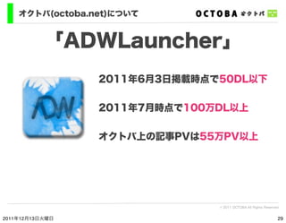 オクトバ(octoba.net)について


           「ADWLauncher」
                 2011年6月3日掲載時点で50DL以下


                 2011年7月時点で100万DL以...
