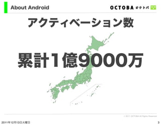 About Android


            アクティベーション数


       累計1億9000万


                     © 2011 OCTOBA All Rights Reserved


2011年...