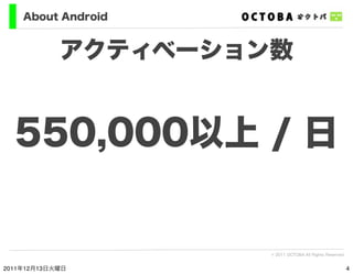 About Android


            アクティベーション数


  550,000以上 / 日


                     © 2011 OCTOBA All Rights Reserved


2011年1...