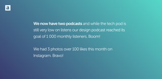 We now have two podcasts and while the tech pod is
still very low on listens our design podcast reached its
goal of 1 000 monthly listeners. Boom!
We had 3 photos over 100 likes this month on
Instagram. Bravo!
 