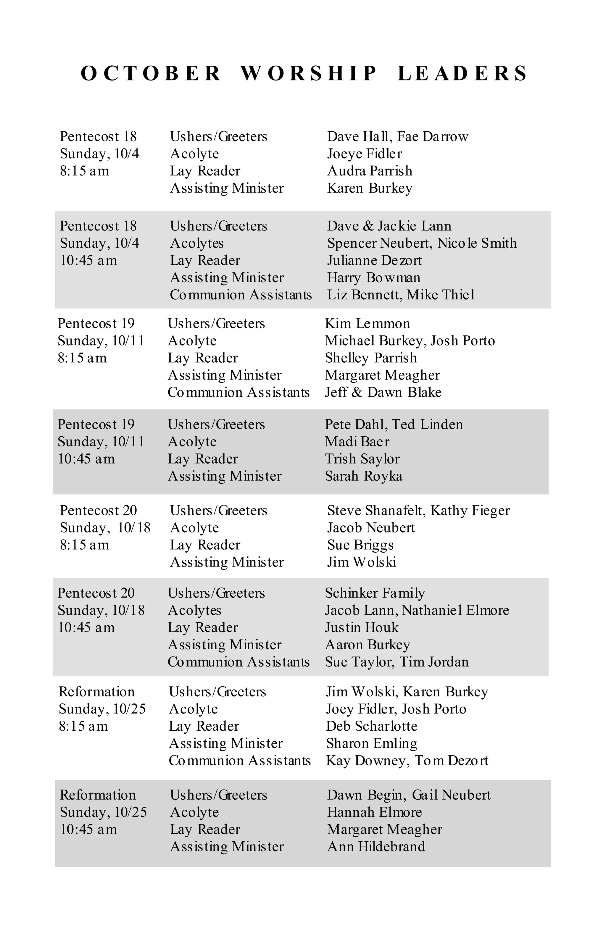 O C T O B E R W O R S H I P LE AD E R S

Pentecost 18     Ushers/Greeters         Dave Hall, Fae Darrow
Sunday, 10/4     Acolyte                 Joeye Fidler
8:15 am          Lay Reader              Audra Parrish
                 Assisting Minister      Karen Burkey

Pentecost 18     Ushers/Greeters         Dave & Jackie Lann
Sunday, 10/4     Acolytes                Spencer Neubert, Nico le Smith
10:45 am         Lay Reader              Julianne Dezort
                 Assisting Minister      Harry Bo wman
                 Co mmunion Assistants   Liz Bennett, Mike Thiel
Pentecost 19     Ushers/Greeters         Kim Lemmon
Sunday, 10/11    Acolyte                 Michael Burkey, Josh Porto
8:15 am          Lay Reader              Shelley Parrish
                 Assisting Minister      Margaret Meagher
                 Co mmunion Assistants   Jeff & Dawn Blake

Pentecost 19     Ushers/Greeters         Pete Dahl, Ted Linden
Sunday, 10/11    Acolyte                 Madi Baer
10:45 am         Lay Reader              Trish Saylor
                 Assisting Minister      Sarah Royka

Pentecost 20     Ushers/Greeters         Steve Shanafelt, Kathy Fieger
Sunday, 10/ 18   Acolyte                 Jacob Neubert
8:15 am          Lay Reader              Sue Briggs
                 Assisting Minister      Jim Wolski

Pentecost 20     Ushers/Greeters         Schinker Family
Sunday, 10/18    Acolytes                Jacob Lann, Nathaniel Elmore
10:45 am         Lay Reader              Justin Houk
                 Assisting Minister      Aaron Burkey
                 Co mmunion Assistants   Sue Taylor, Tim Jordan

Reformation      Ushers/Greeters         Jim Wolski, Karen Burkey
Sunday, 10/25    Acolyte                 Joey Fidler, Josh Porto
8:15 am          Lay Reader              Deb Scharlotte
                 Assisting Minister      Sharon Emling
                 Co mmunion Assistants   Kay Downey, To m Dezo rt

Reformation      Ushers/Greeters         Dawn Begin, Gail Neubert
Sunday, 10/25    Acolyte                 Hannah Elmore
10:45 am         Lay Reader              Margaret Meagher
                 Assisting Minister      Ann Hildebrand
 
