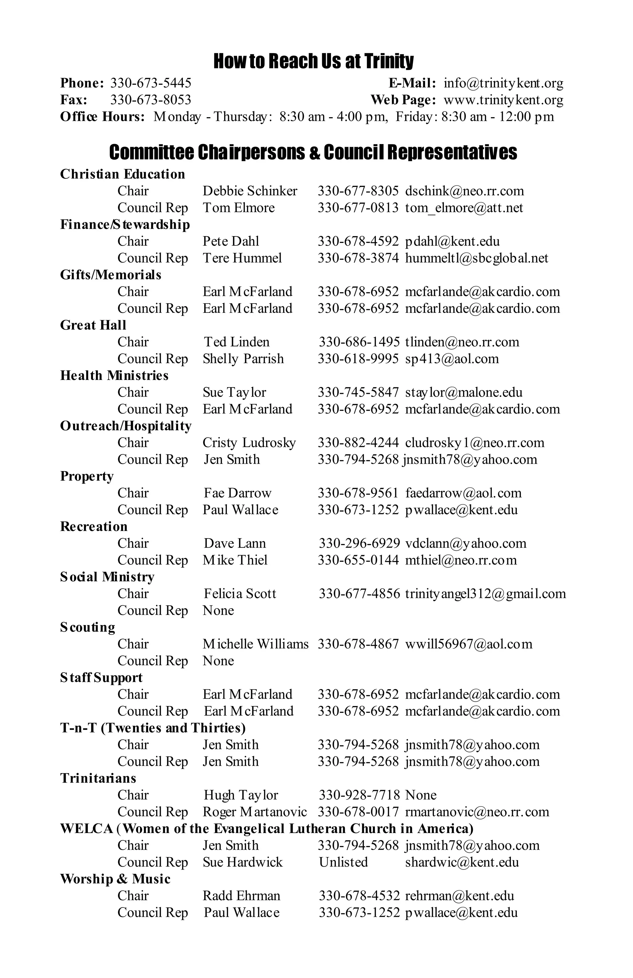 How to Reach Us at Trinity
Phone: 330-673-5445                                 E-Mail: info@trinitykent.org
Fax:    330-673-8053                              Web Page: www.trinitykent.org
Office Hours: M onday - Thursday: 8:30 am - 4:00 pm, Friday: 8:30 am - 12:00 pm

       Committee Chairpersons & Council Representatives
Christian Education
          Chair       Debbie Schinker 330-677-8305 dschink@neo.rr.com
          Council Rep Tom Elmore         330-677-0813 tom_elmore@att.net
Finance/S tewardship
          Chair       Pete Dahl          330-678-4592 pdahl@kent.edu
          Council Rep Tere Hummel        330-678-3874 hummeltl@sbcglobal.net
Gifts/Memorials
          Chair       Earl M cFarland    330-678-6952 mcfarlande@akcardio.com
          Council Rep Earl M cFarland    330-678-6952 mcfarlande@akcardio.com
Great Hall
          Chair       Ted Linden         330-686-1495 tlinden@neo.rr.com
          Council Rep Shelly Parrish     330-618-9995 sp413@aol.com
Health Ministries
          Chair       Sue Taylor         330-745-5847 staylor@malone.edu
          Council Rep Earl M cFarland    330-678-6952 mcfarlande@akcardio.com
Outreach/Hospitality
          Chair       Cristy Ludrosky    330-882-4244 cludrosky1@neo.rr.com
          Council Rep Jen Smith          330-794-5268 jnsmith78@yahoo.com
Property
          Chair       Fae Darrow         330-678-9561 faedarrow@aol.com
          Council Rep Paul Wallace       330-673-1252 pwallace@kent.edu
Recreation
          Chair       Dave Lann          330-296-6929 vdclann@yahoo.com
          Council Rep M ike Thiel        330-655-0144 mthiel@neo.rr.com
S ocial Ministry
          Chair       Felicia Scott      330-677-4856 trinityangel312@gmail.com
          Council Rep None
S couting
          Chair       M ichelle Williams 330-678-4867 wwill56967@aol.com
          Council Rep None
S taff Support
          Chair       Earl M cFarland    330-678-6952 mcfarlande@akcardio.com
          Council Rep Earl M cFarland    330-678-6952 mcfarlande@akcardio.com
T-n-T (Twenties and Thirties)
          Chair       Jen Smith          330-794-5268 jnsmith78@yahoo.com
          Council Rep Jen Smith          330-794-5268 jnsmith78@yahoo.com
Trinitarians
          Chair       Hugh Taylor        330-928-7718 None
          Council Rep Roger M artanovic 330-678-0017 rmartanovic@neo.rr.com
WELCA (Women of the Evangelical Lutheran Church in America)
          Chair       Jen Smith          330-794-5268 jnsmith78@yahoo.com
          Council Rep Sue Hardwick       Unlisted      shardwic@kent.edu
Worship & Music
          Chair       Radd Ehrman        330-678-4532 rehrman@kent.edu
          Council Rep Paul Wallace       330-673-1252 pwallace@kent.edu
 