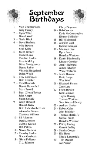 September
             Birthdays
1 - Matt Chestnutwood              Cheryl Seymour
     Gary Paskey              14 - Bob Crocker
2 - Ryan White                     Katie McConnaughey
     Daniel Wolf                   Eleanor Schindler
3 - Nadia Black               15 - Bill Hildebrand
4 - David Bashore             16 - Jennifer Wolf
     Mike Bowen                    Debbie Schinker
     Sean Kaine               17 - Maureen Cole
5 - Jacob Bennett                  Ryan Feran
     Rachel Lann                   Brandon Westover
     Caroline Linden          18 - Daniel Blankenship
     Francis Meloy                 Lindsay Crocker
     Blake Montgomery         19 - Ann Hildebrand
     Denny Reiser                  James Schaffer
     Victoria Slingerland          Wade Williams
     Dylan Woolf              20 - Jason Hummel
6 - Troy Loomis, Jr.               Katie Lange
     Beth Renicker                 Wes Wolf
7 - Todd Barchalk             21 - Elizabeth Fetters
     Dennis Haworth Jr.            Zane Lutz
     Marv Powell              22 - Frank Bowen
8 - Beth (Cross) Tucker            Kim Lemmon
     John Knapp                    Taylor Herring
     Susan Shively                 Teressa Westover
9 - Geoff Howard                   Sara Woodall Beatty
     Hannah Koby              23 - Andrew Linden
     Beth Richenbacher Lutz   24 - Robert Cohn
     Alexandra Stewart             John Schinker
     Courtney Williams        26 - Thomas Morris IV
10 - Ed Atkinson                   Samuel Smith
     Derek Johnson                 Brandon Wissmar
     Cynthia Kocian           27 - Phillip Emling
     Bob Patetta                   Garrett Emling
11 - Norma Stefanik           28 - Sandra Cooper
12 - Timothy Linden           29 - Ella Houk
     Grace Gombeda                 Nicole Langenfeld
13 - Glenn Foldessy           30 - Tom Decker
     C. J. Salamon                 Joe Parrish
 