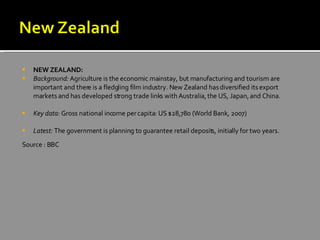<ul><li>NEW ZEALAND:   </li></ul><ul><li>Background:  Agriculture is the economic mainstay, but manufacturing and tourism ...