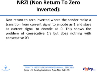 TRINITY INSTITUTE OF PROFESSIONAL STUDIES
Sector – 9, DwarkaInstitutional Area, New Delhi-75
NRZI (Non Return To Zero
Inverted):
Non return to zero inverted where the sender make a
transition from current signal to encode as 1 and stays
at current signal to encode as 0. This shows the
problem of consecutive 1’s but does nothing with
consecutive 0’s
 
