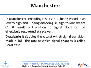 TRINITY INSTITUTE OF PROFESSIONAL STUDIES
Sector – 9, DwarkaInstitutional Area, New Delhi-75
Manchester:
In Manchester, encoding results in 0, being encoded as
low to high and 1 being encoding as high to low, where
0’s & result is transition to signal clock can be
effectively recovered at receiver.
Drawback: It doubles the rate at which signal transition
made a link. The rate at which signal changes is called
Baud Rate.
 