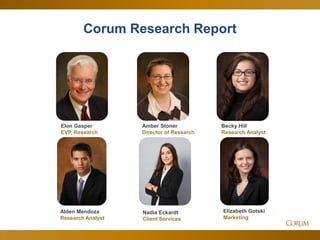 71
Corum Research Report
Elon Gasper
EVP, Research
Amber Stoner
Director of Research
Nadia Eckardt
Client Services
Becky Hill
Research Analyst
Alden Mendoza
Research Analyst
Elizabeth Gotski
Marketing
 