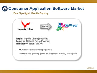 68
Deal Spotlight: Mobile Gaming
Consumer Application Software Market
Sold to
Target: Imperia Online [Bulgaria]
Acquirer: Stillfront Group [Sweden]
Transaction Value: $11.7M
- Multiplayer online strategic games
- Points to the growing game development industry in Bulgaria
 