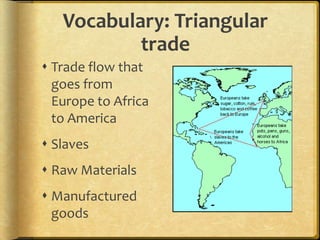Vocabulary: Triangular tradeTrade flow that goes from Europe to Africa to AmericaSlavesRaw MaterialsManufactured goods