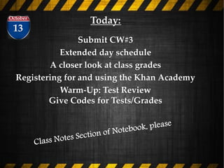 13
October
Today:
Submit CW#3
Extended day schedule
A closer look at class grades
Registering for and using the Khan Academy
Warm-Up: Test Review
Give Codes for Tests/Grades
 