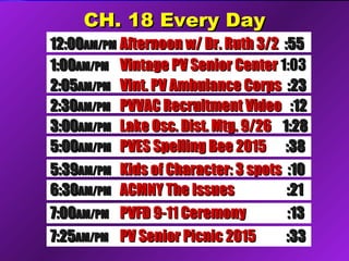CH. 18 Every DayCH. 18 Every Day
5:005:00AM/PMAM/PM PVES Spelling Bee 2015PVES Spelling Bee 2015 :38:38
5:395:39AM/PMAM/PM Kids of Character: 3 spotsKids of Character: 3 spots :10:10
6:306:30AM/PMAM/PM ACMNY The IssuesACMNY The Issues :21:21
12:0012:00AM/PMAM/PM Afternoon w/ Dr. Ruth 3/2Afternoon w/ Dr. Ruth 3/2 :55:55
1:001:00AM/PMAM/PM Vintage PV Senior CenterVintage PV Senior Center 1:031:03
2:052:05AM/PMAM/PM Vint. PV Ambulance CorpsVint. PV Ambulance Corps :23:23
2:302:30AM/PMAM/PM PVVAC Recruitment VideoPVVAC Recruitment Video :12:12
3:003:00AM/PMAM/PM Lake Osc. Dist. Mtg. 9/26Lake Osc. Dist. Mtg. 9/26 1:281:28
7:007:00AM/PMAM/PM PVFD 9-11 CeremonyPVFD 9-11 Ceremony :13:13
7:257:25AM/PMAM/PM PV Senior Picnic 2015PV Senior Picnic 2015 :33:33
 