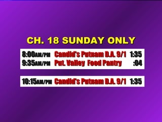 CH. 18 SUNDAY ONLYCH. 18 SUNDAY ONLY
10:1510:15AM/PMAM/PM Future Comm Media NYSFuture Comm Media NYS 1:321:32
8:008:00AM/PMAM/PM LPID Mtg/Dr. Fred LubnowLPID Mtg/Dr. Fred Lubnow 1:501:50
9:519:51AM/PMAM/PM Put. Valley Food PantryPut. Valley Food Pantry :04:04
8:008:00AM/PMAM/PM Candid’s Putnam D.A. 9/1Candid’s Putnam D.A. 9/1 1:351:35
9:359:35AM/PMAM/PM Put. Valley Food PantryPut. Valley Food Pantry :04:04
10:1510:15AM/PMAM/PM Candid’s Putnam D.A. 9/1Candid’s Putnam D.A. 9/1 1:351:35
 