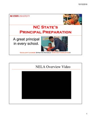 10/15/2018
1
NC State’s
Principal Preparation
Excellent Leaders: Effective Schools: Enriched Communities©
A great principal
in every school.
NELA Overview Video
 