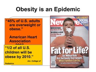 Obesity is an Epidemic “ 45% of U.S. adults are overweight or obese.”    American Heart Association  2007 “ 1/2 of all U.S. children will be obese by 2010.”     Am. College of Pediatrics 