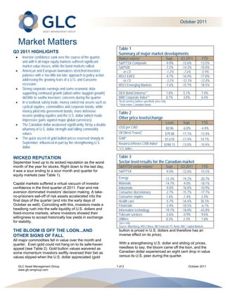  
                                                                                                                                    October 2011 



     Market Matters
                                                                            Table 1
Q3 2011 HIGHLIGHTS                                                          Summary of major market developments
        Investor confidence sank over the course of the quarter,           Market returns*                              Sept.      Q3 2011         YTD
         and with it all major equity markets suffered significant          S&P/TSX Composite                            -9.0%       -12.6%       -13.5%
         market value losses, while the bond markets rallied.               S&P500                                       -7.2%       -14.3%       -10.0%
        American and European lawmakers stretched investors’                - in C$                                     -1.2%        -7.6%        -5.9%
         patience with a ‘too little too late’ approach to policy action    MSCI EAFE                                    -4.7%       -16.4%       -17.8%
         addressing the growing fears of a U.S. and Eurozone                 - in C$                                     -3.2%       -12.3%       -12.8%
         recession.                                                         MSCI Emerging Markets                        -7.6%       -15.7%       -18.5%
        Strong corporate earnings and some economic data
         supporting continued growth (albeit rather sluggish growth)        DEX Bond Universe**                              1.8%    5.1%          7.4%
         did little to soothe investors’ concerns during the quarter.       BBB Corporate Index**                            0.7%    3.8%          6.4%
        In a textbook safety trade, money exited risk assets such as       *local currency (unless specified); price only
                                                                            **total return, Canadian bonds
         cyclical equities, commodities and corporate bonds, while
         money piled into government bonds, more defensive                  Table 2
         income-yielding equities and the U.S. dollar (which made
         impressive gains against major global currencies).
                                                                            Other price levels/change
                                                                                                                         Level       Sept.          YTD
        The Canadian dollar weakened significantly, hit by a double
                                                                            USD per CAD                                  $0.96       -6.0%         -4.4%
         whammy of U.S. dollar strength and falling commodity
         values.                                                            Oil (West Texas)*                           $79.08      -11.1%        -13.4%
        The quick ascent of gold bullion prices reversed sharply in        Gold*                                       $1,618      -11.4%         14.1%
         September, influenced in part by the strengthening U.S.            Reuters/Jefferies CRB Index*                $298.15     -13.0%        -10.4%
         dollar.                                                            *U.S. dollars


WICKED REPUTATION                                                           Table 3
September lived up to its wicked reputation as the worst                    Sector level results for the Canadian market
month of the year for stocks. Right down to the last day,                   S&P/TSX sector returns*                      Sept.      Q3 2011        YTD
it was a sour ending to a sour month and quarter for                        S&P/TSX                                      -9.0%       -12.6%       -13.5%
equity markets (see Table 1).
                                                                            Energy                                       -12.3%     -19.2%        -20.7%
Capital markets suffered a virtual vacuum of investor                       Materials                                    -14.7%      -9.0%        -18.1%
confidence in the third quarter of 2011. Fear and risk                      Industrials                                   -9.0%     -18.8%        -10.9%
aversion dominated investors’ decision making. A take-                      Consumer discretionary                        -2.7%     -15.7%        -17.7%
no-prisoners sell-off of risk assets accelerated into the                   Consumer staples                              1.4%       -1.4%          2.4%
final days of the quarter (and into the early days of                       Health care                                   -5.7%     -16.4%         30.3%
October as well). Coinciding with this, investors made a                    Financials                                    -3.9%     -10.5%         -6.7%
headlong rush into the safe liquidity of U.S. dollars and                   Information technology                       -19.7%     -18.8%        -43.8%
fixed-income markets, where investors showed their                          Telecom services                              -2.6%      -0.9%          9.6%
willingness to accept historically low yields in exchange                   Utilities                                     0.3%       2.3%           1.8%
for stability.                                                              *price only
                                                                            Source: Bloomberg, MSCI Barra, NB Financial, PC Bond, RBC Capital Markets
THE BLOOM IS OFF THE LOON...AND                                              bullion is priced in U.S. dollars and therefore has an
OTHER SIGNS OF FALL                                                          inverse effect on its price).
All major commodities fell in value over the month and
quarter. Even gold could not hang on to its safe-haven                       With a strengthening U.S. dollar and sliding oil prices,
appeal (see Table 2). Gold bullion values waivered as                        needless to say, the bloom came off the loon, and the
some momentum investors swiftly reversed their bet as                        Canadian dollar experienced an eight cent drop in value
values slipped when the U.S. dollar appreciated (gold                        versus its U.S. peer during the quarter.

     GLC Asset Management Group                                            1 of 2                                                       October 2011
     www.glc-amgroup.com
      
      
 