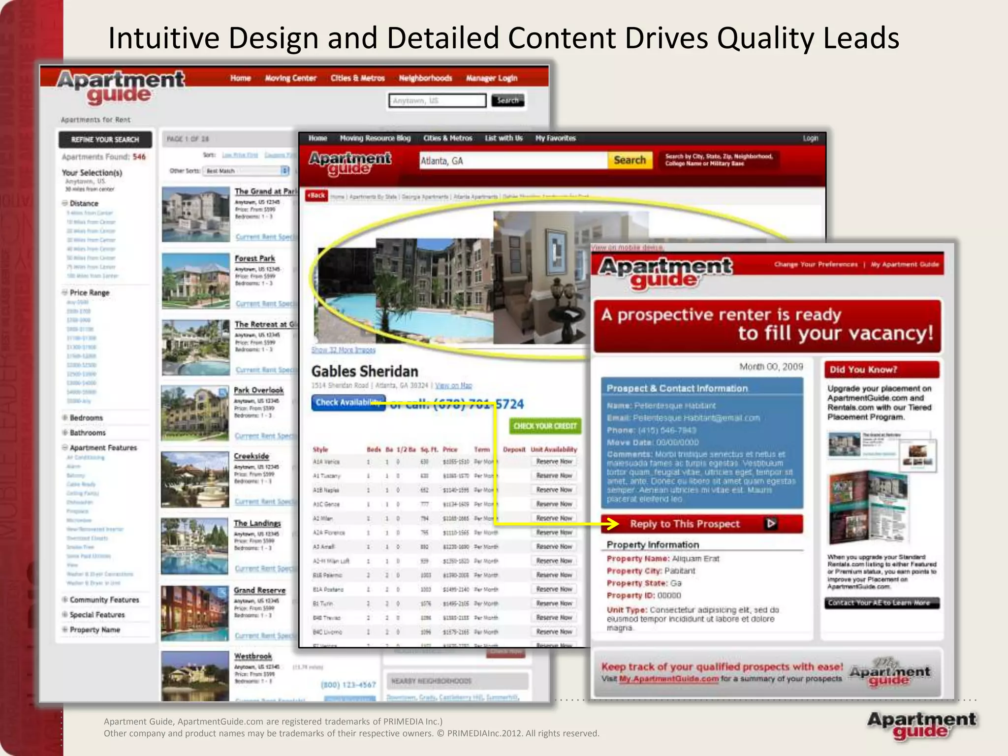 Intuitive Design and Detailed Content Drives Quality Leads




Apartment Guide, ApartmentGuide.com are registered trademarks of PRIMEDIA Inc.)
Other company and product names may be trademarks of their respective owners. © PRIMEDIAInc.2012. All rights reserved.
 