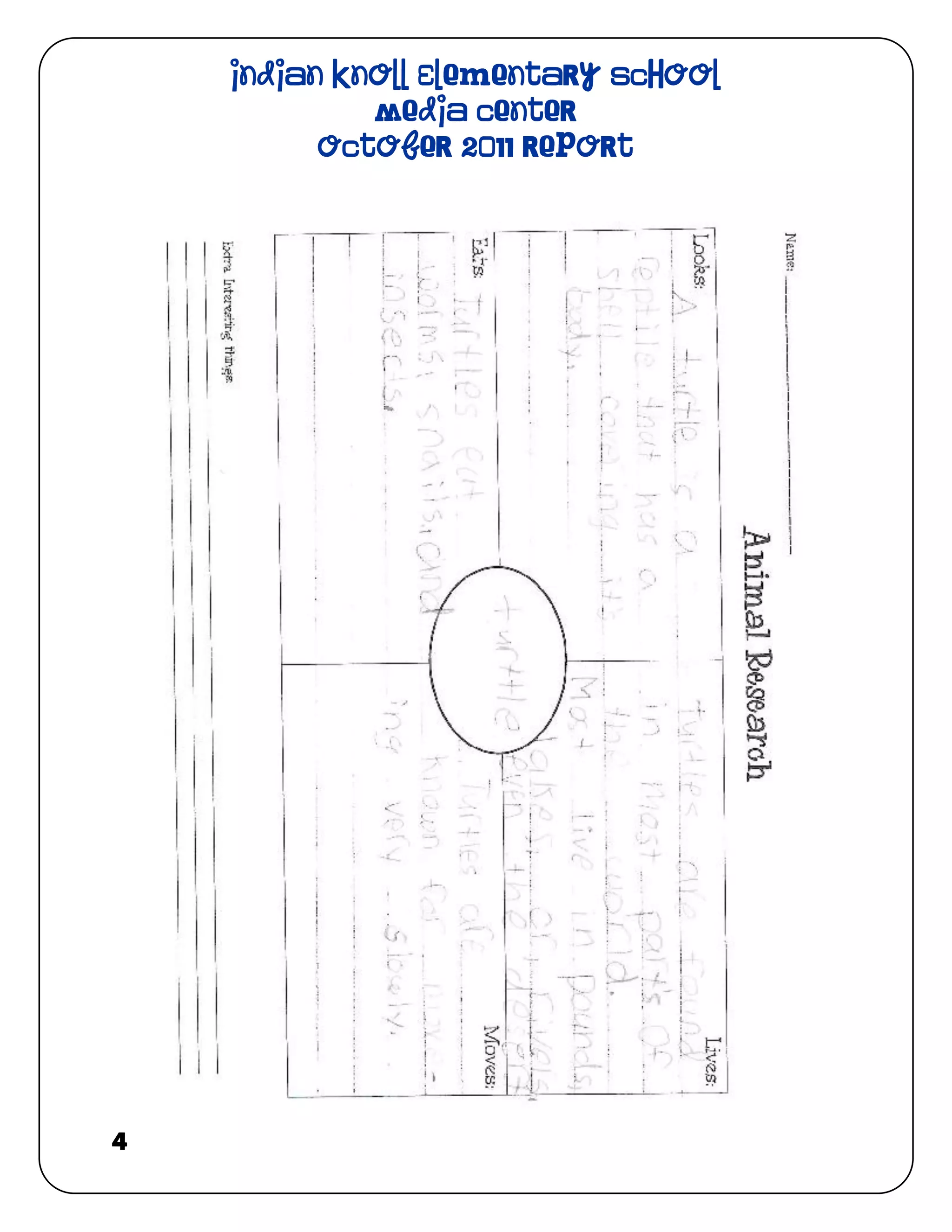 Indian Knoll Elementary School
             Media Center
          October 2011 Report




4
 