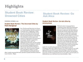 Highlights
Student Book Review:   Student Book Review: Go
Drowned Cities         Ask Alice
 