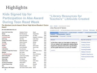 Highlights
Kids Signed Up for
                             “Library Resources for
Participation in Abe Award   Teachers” LibGuide Created
During Teen Read Week
 