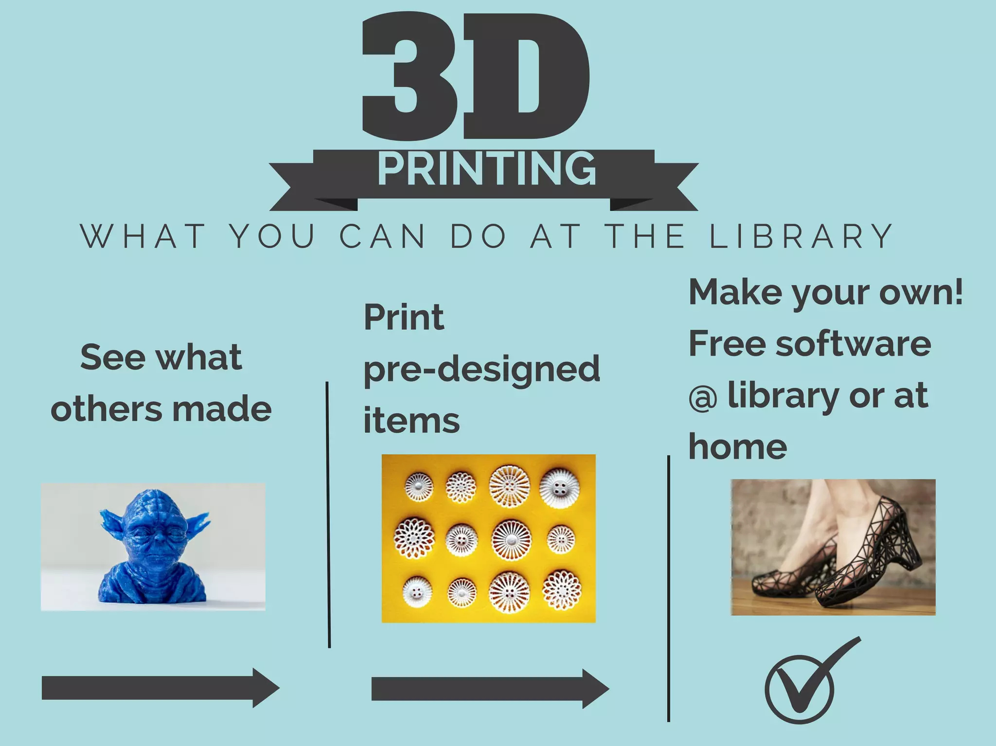 3DPRINTING
W H A T Y O U C A N D O A T T H E L I B R A R Y
See what
others made
Print
pre-designed
items
Make your own!
Free software
@ library or at
home
 