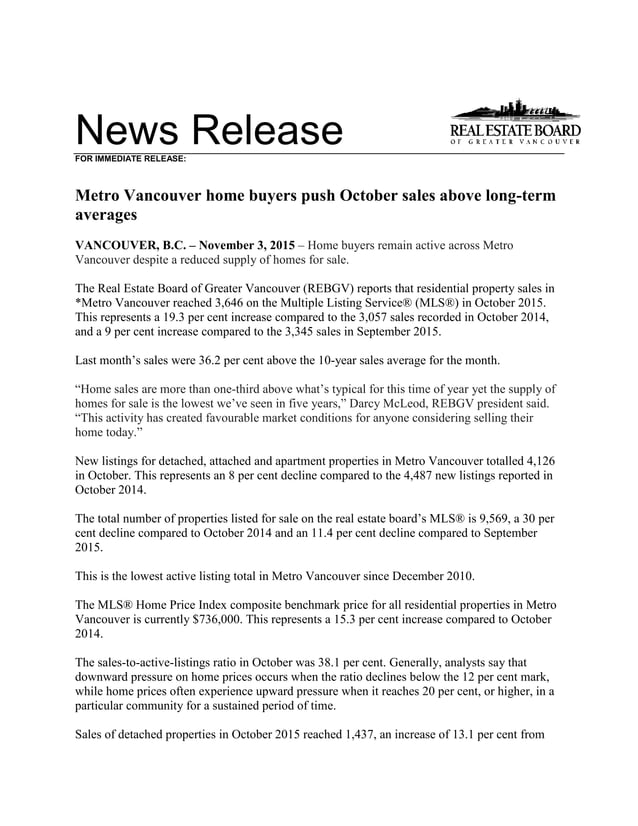 October 2015 Vancouver Real Estate Board Statistics Package Mike