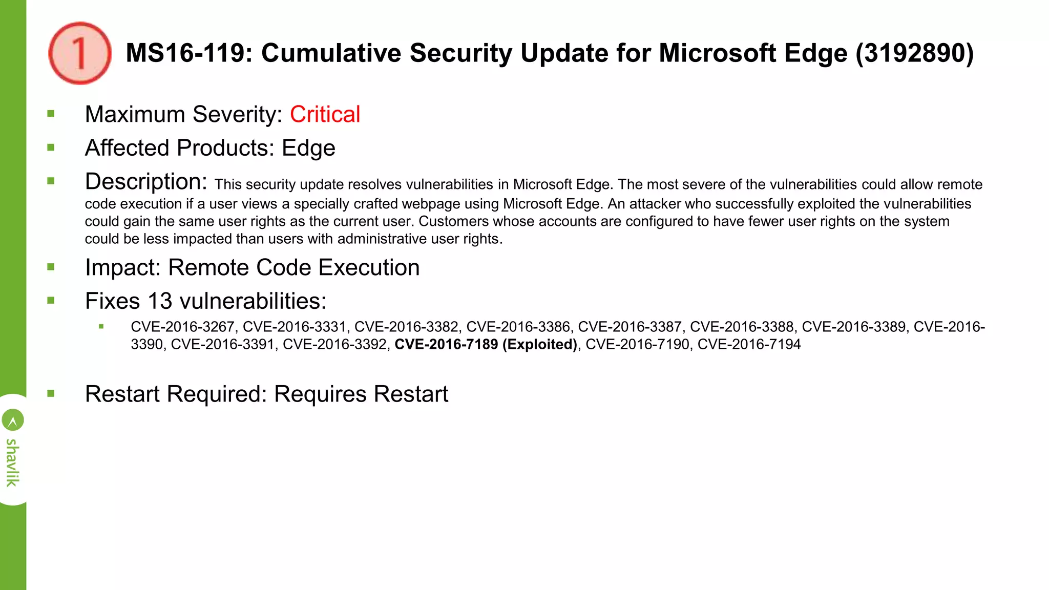 MS16-119: Cumulative Security Update for Microsoft Edge (3192890)
 Maximum Severity: Critical
 Affected Products: Edge
 Description: This security update resolves vulnerabilities in Microsoft Edge. The most severe of the vulnerabilities could allow remote
code execution if a user views a specially crafted webpage using Microsoft Edge. An attacker who successfully exploited the vulnerabilities
could gain the same user rights as the current user. Customers whose accounts are configured to have fewer user rights on the system
could be less impacted than users with administrative user rights.
 Impact: Remote Code Execution
 Fixes 13 vulnerabilities:
 CVE-2016-3267, CVE-2016-3331, CVE-2016-3382, CVE-2016-3386, CVE-2016-3387, CVE-2016-3388, CVE-2016-3389, CVE-2016-
3390, CVE-2016-3391, CVE-2016-3392, CVE-2016-7189 (Exploited), CVE-2016-7190, CVE-2016-7194
 Restart Required: Requires Restart
 