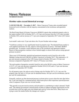 News Release
FOR IMMEDIATE RELEASE:
October sales exceed historical average
VANCOUVER, BC – November 2, 2017 – Metro Vancouver* home sales exceeded typical
historical levels in October with the majority concentrated in the townhouse and apartment
markets.
The Real Estate Board of Greater Vancouver (REBGV) reports that residential property sales in
the region totalled 3,022 in October 2017, a 35.3 per cent increase from the 2,233 sales recorded
in October 2016, and an increase of 7.1 per cent compared to September 2017 when 2,821 homes
sold.
Last month’s sales were 15 per cent above the 10-year October sales average.
"Conditions continue to vary significantly based on property type. The detached home market is
well supplied with homes for sale, which is relieving pressure on prices," Jill Oudil, REBGV
president said. "It remains a much different story in the townhouse and apartment markets.
Buyers of these properties continue to have limited supply to choose from and are seeing upward
pressure on prices."
There were 4,539 detached, attached and apartment properties newly listed for sale on the
Multiple Listing Service® (MLS®) in Metro Vancouver in October 2017. This represents a 14
per cent increase compared to the 3,981 homes listed in October 2016 and a 15.6 per cent
decrease compared to September 2017 when 5,375 homes were listed.
The total number of properties currently listed for sale on the MLS® system in Metro Vancouver
is 9,137, a 0.1 per cent decrease compared to October 2016 (9,143) and a 3.5 per cent decrease
compared to September 2017 (9,466).
For all property types, the sales-to-active listings ratio for October 2017 is 33.1 per cent. By
property type, the ratio is 16.8 per cent for detached homes, 44.8 per cent for townhomes, and 66
per cent for condominiums.
Generally, analysts say that downward pressure on home prices occurs when the ratio dips below
the 12 per cent mark for a sustained period, while home prices often experience upward pressure
when it surpasses 20 per cent over several months.
"The growth in our provincial economy and job market is contributing to today's demand," Oudil
said. "The federal government's announcement of plans to tighten mortgage requirements for the
seventh time in the last eight years also helped spur activity in the short term. Many buyers are
trying to enter the market before the changes are in place."
 