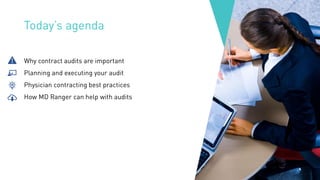 Today’s agenda
Why contract audits are important
Planning and executing your audit
Physician contracting best practices
How MD Ranger can help with audits
 
