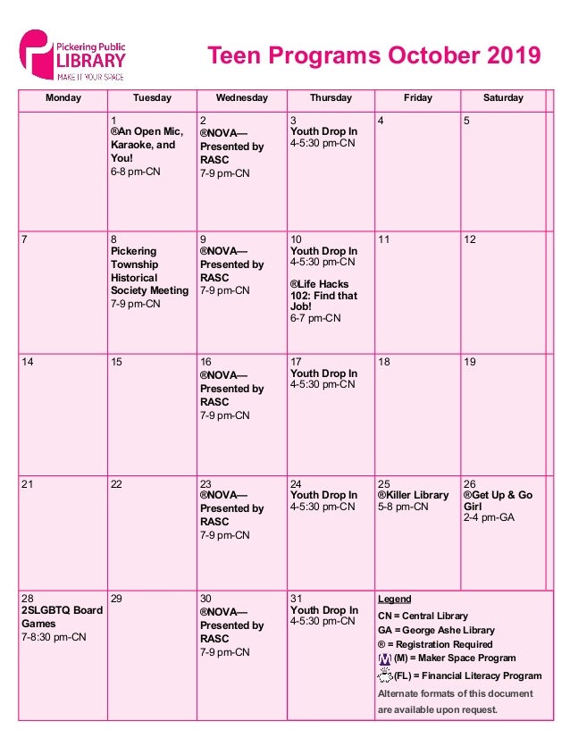 Pickering Public Library October 2019 monthly calendars
