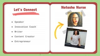 ● Speaker
● Innovation Coach
● Writer
● Content Creator
● Entrepreneur
Let’s Connect
Natasha Nurse
 