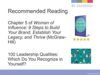 Copyright Be Leaderly 2020
Recommended Reading
Chapter 5 of Woman of
Influence: 9 Steps to Build
Your Brand, Establish You...