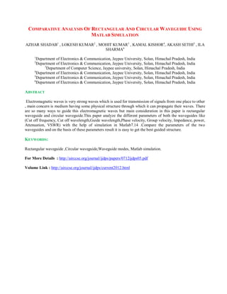 COMPARATIVE ANALYSIS OF RECTANGULAR AND CIRCULAR WAVEGUIDE USING
MATLAB SIMULATION
AZHAR SHADAB1
, LOKESH KUMAR2
, MOHIT K...