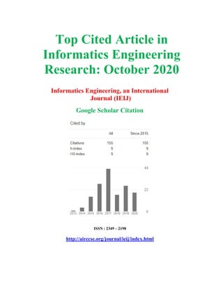 Top Cited Article in
Informatics Engineering
Research: October 2020
Informatics Engineering, an International
Journal (IEIJ)
Google Scholar Citation
ISSN : 2349 – 2198
http://airccse.org/journal/ieij/index.html
 