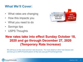 What We’ll Cover:
• What rates are changing
• How this impacts you
• What you need to do
• Savings tips
• USPS Thoughts
Se...