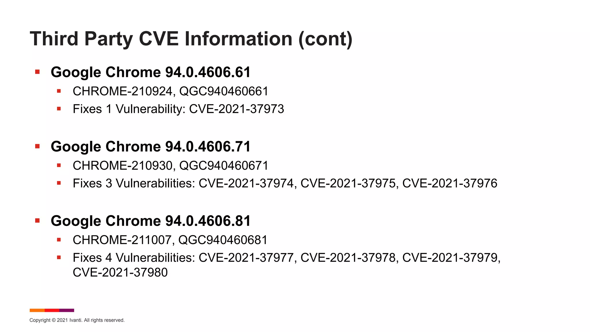Copyright © 2021 Ivanti. All rights reserved.
Third Party CVE Information (cont)
 Google Chrome 94.0.4606.61
 CHROME-210924, QGC940460661
 Fixes 1 Vulnerability: CVE-2021-37973
 Google Chrome 94.0.4606.71
 CHROME-210930, QGC940460671
 Fixes 3 Vulnerabilities: CVE-2021-37974, CVE-2021-37975, CVE-2021-37976
 Google Chrome 94.0.4606.81
 CHROME-211007, QGC940460681
 Fixes 4 Vulnerabilities: CVE-2021-37977, CVE-2021-37978, CVE-2021-37979,
CVE-2021-37980
 