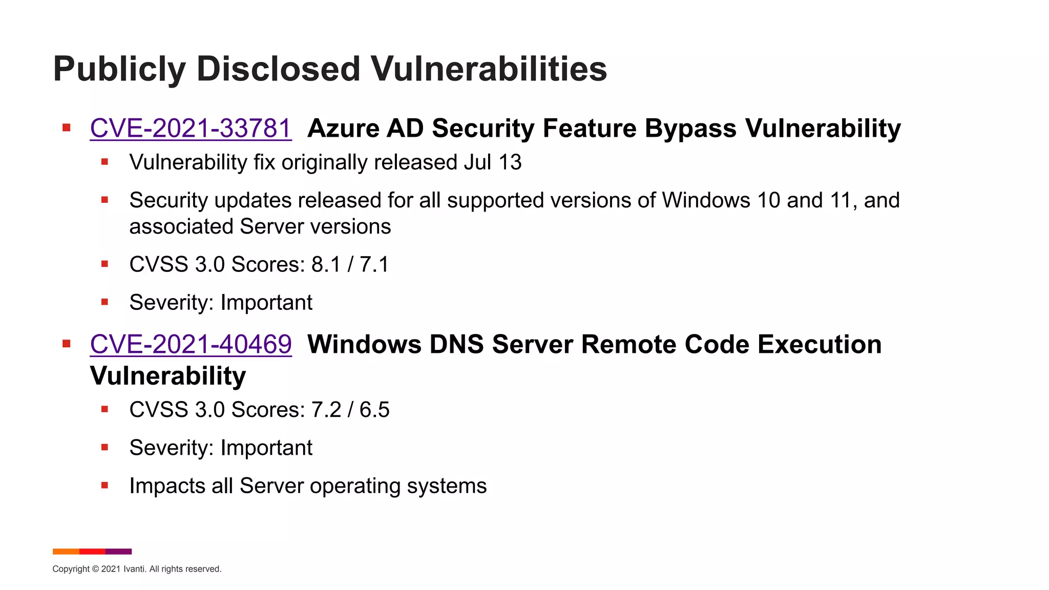 Copyright © 2021 Ivanti. All rights reserved.
Publicly Disclosed Vulnerabilities
 CVE-2021-33781 Azure AD Security Feature Bypass Vulnerability
 Vulnerability fix originally released Jul 13
 Security updates released for all supported versions of Windows 10 and 11, and
associated Server versions
 CVSS 3.0 Scores: 8.1 / 7.1
 Severity: Important
 CVE-2021-40469 Windows DNS Server Remote Code Execution
Vulnerability
 CVSS 3.0 Scores: 7.2 / 6.5
 Severity: Important
 Impacts all Server operating systems
 
