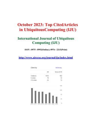 October 2023: Top CitedArticles
in UbiquitousComputing (IJU)
International Journal of Ubiquitous
Computing (IJU)
ISSN : 0975 - 8992(Online); 0976 - 2213(Print)
http://www.airccse.org/journal/iju/index.html
 