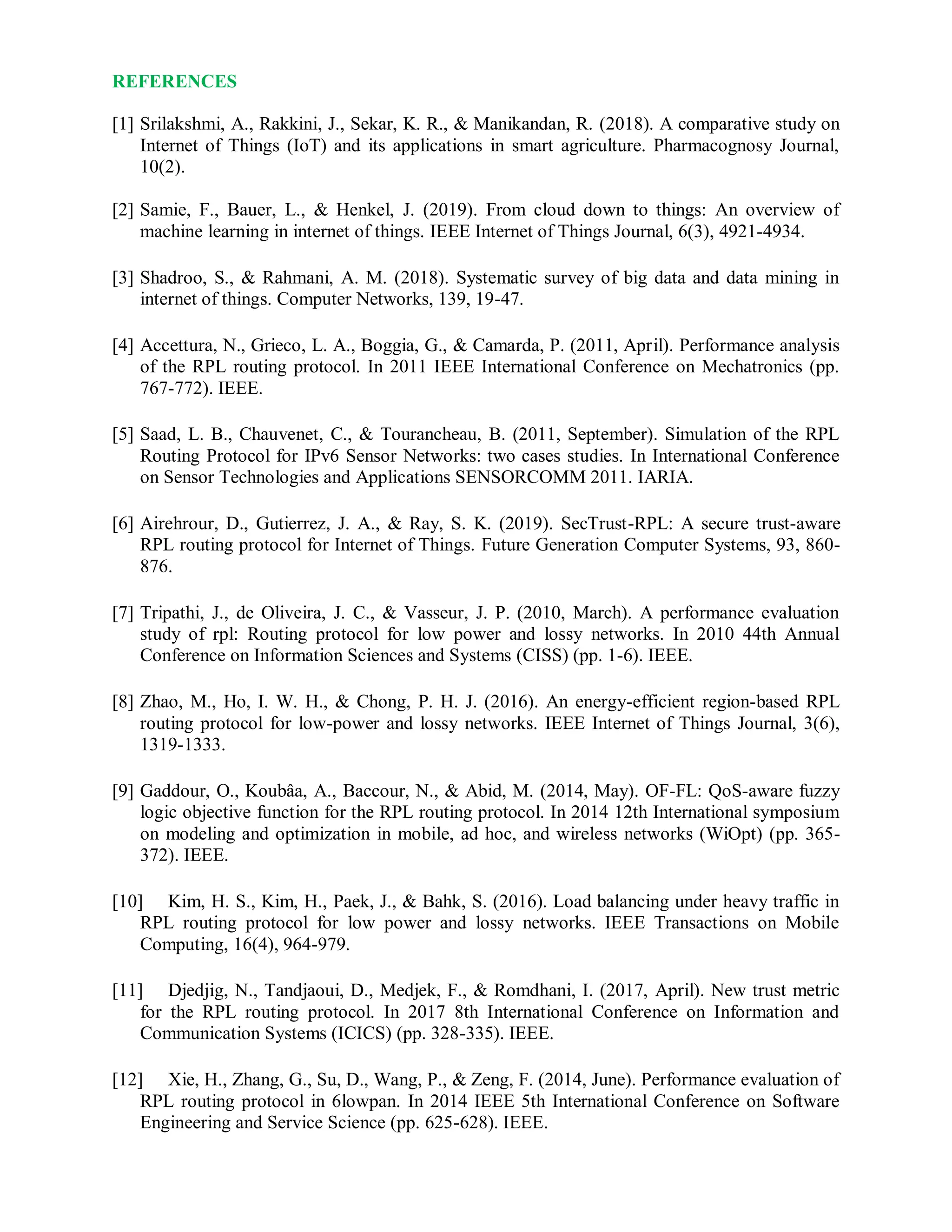 REFERENCES
[1] Srilakshmi, A., Rakkini, J., Sekar, K. R., & Manikandan, R. (2018). A comparative study on
Internet of Things (IoT) and its applications in smart agriculture. Pharmacognosy Journal,
10(2).
[2] Samie, F., Bauer, L., & Henkel, J. (2019). From cloud down to things: An overview of
machine learning in internet of things. IEEE Internet of Things Journal, 6(3), 4921-4934.
[3] Shadroo, S., & Rahmani, A. M. (2018). Systematic survey of big data and data mining in
internet of things. Computer Networks, 139, 19-47.
[4] Accettura, N., Grieco, L. A., Boggia, G., & Camarda, P. (2011, April). Performance analysis
of the RPL routing protocol. In 2011 IEEE International Conference on Mechatronics (pp.
767-772). IEEE.
[5] Saad, L. B., Chauvenet, C., & Tourancheau, B. (2011, September). Simulation of the RPL
Routing Protocol for IPv6 Sensor Networks: two cases studies. In International Conference
on Sensor Technologies and Applications SENSORCOMM 2011. IARIA.
[6] Airehrour, D., Gutierrez, J. A., & Ray, S. K. (2019). SecTrust-RPL: A secure trust-aware
RPL routing protocol for Internet of Things. Future Generation Computer Systems, 93, 860-
876.
[7] Tripathi, J., de Oliveira, J. C., & Vasseur, J. P. (2010, March). A performance evaluation
study of rpl: Routing protocol for low power and lossy networks. In 2010 44th Annual
Conference on Information Sciences and Systems (CISS) (pp. 1-6). IEEE.
[8] Zhao, M., Ho, I. W. H., & Chong, P. H. J. (2016). An energy-efficient region-based RPL
routing protocol for low-power and lossy networks. IEEE Internet of Things Journal, 3(6),
1319-1333.
[9] Gaddour, O., Koubâa, A., Baccour, N., & Abid, M. (2014, May). OF-FL: QoS-aware fuzzy
logic objective function for the RPL routing protocol. In 2014 12th International symposium
on modeling and optimization in mobile, ad hoc, and wireless networks (WiOpt) (pp. 365-
372). IEEE.
[10] Kim, H. S., Kim, H., Paek, J., & Bahk, S. (2016). Load balancing under heavy traffic in
RPL routing protocol for low power and lossy networks. IEEE Transactions on Mobile
Computing, 16(4), 964-979.
[11] Djedjig, N., Tandjaoui, D., Medjek, F., & Romdhani, I. (2017, April). New trust metric
for the RPL routing protocol. In 2017 8th International Conference on Information and
Communication Systems (ICICS) (pp. 328-335). IEEE.
[12] Xie, H., Zhang, G., Su, D., Wang, P., & Zeng, F. (2014, June). Performance evaluation of
RPL routing protocol in 6lowpan. In 2014 IEEE 5th International Conference on Software
Engineering and Service Science (pp. 625-628). IEEE.
 