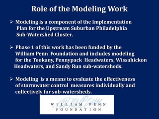 Role of the Modeling Work
 Modeling is a component of the Implementation
Plan for the Upstream Suburban Philadelphia
Sub-Watershed Cluster.
 Phase 1 of this work has been funded by the
William Penn Foundation and includes modeling
for the Tookany, Pennypack Headwaters, Wissahickon
Headwaters, and Sandy Run sub-watersheds.
 Modeling is a means to evaluate the effectiveness
of stormwater control measures individually and
collectively for sub-watersheds.
 