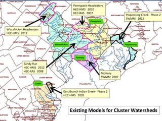 Wissahickon Headwaters
HEC-HMS 2012
Pennypack Headwaters
HEC-HMS 2010
HEC-RAS 2007
Sandy Run
HEC-HMS 2012
HEC-RAS 2008
Poquessing Creek- Phase 2
SWMM 2012
East Branch Indian Creek- Phase 2
HEC-HMS 2005
Tookany
SWMM 2007
Existing Models for Cluster Watersheds
 