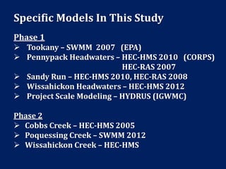 Specific Models In This Study
Phase 1
 Tookany – SWMM 2007 (EPA)
 Pennypack Headwaters – HEC-HMS 2010 (CORPS)
HEC-RAS 2007
 Sandy Run – HEC-HMS 2010, HEC-RAS 2008
 Wissahickon Headwaters – HEC-HMS 2012
 Project Scale Modeling – HYDRUS (IGWMC)
Phase 2
 Cobbs Creek – HEC-HMS 2005
 Poquessing Creek – SWMM 2012
 Wissahickon Creek – HEC-HMS
 