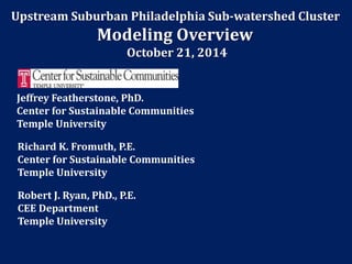 Upstream Suburban Philadelphia Sub-watershed Cluster
Modeling Overview
October 21, 2014
Robert J. Ryan, PhD., P.E.
CEE Department
Temple University
Jeffrey Featherstone, PhD.
Center for Sustainable Communities
Temple University
Richard K. Fromuth, P.E.
Center for Sustainable Communities
Temple University
 